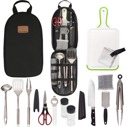 Camp Kitchen Utensil Organizer Travel Set Portable BBQ Camping Cookware Stainless Steel Utensils Travel Kit Outdoor Equipment Cutting Board Tongs Scissors Knife Ladle Spatula
