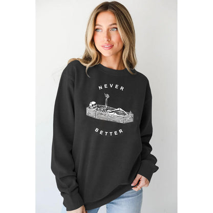 BOUTIKOME Never Better Skeleton Sweatshirt Women's Halloween Shirt Horror Skull Fall Long Sleeve Sarcastic Pullover Tops(Black,M)