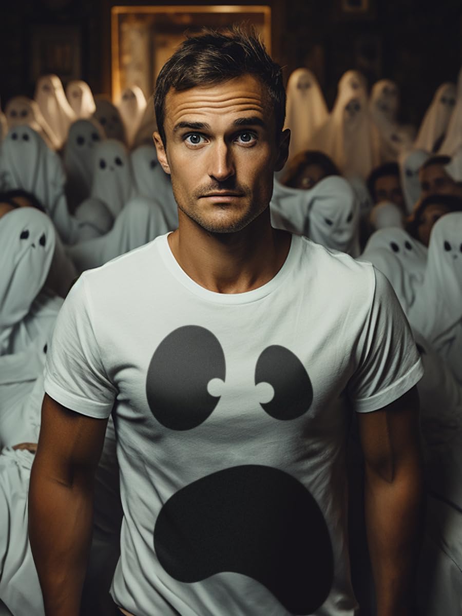 Ann Arbor T-shirt Co. Silly Ghost Face | Spooky Halloween Ghoul Face Easy Costume Unisex T-Shirt-Adult,XL White