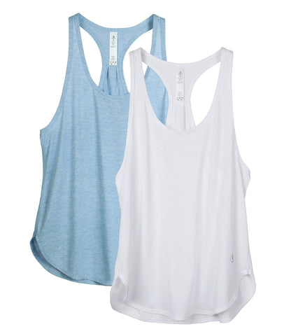 icyzone Workout Tank Tops for Women - Athletic Yoga Tops, Racerback Running Tank Top (XL, White/Sky Blue)