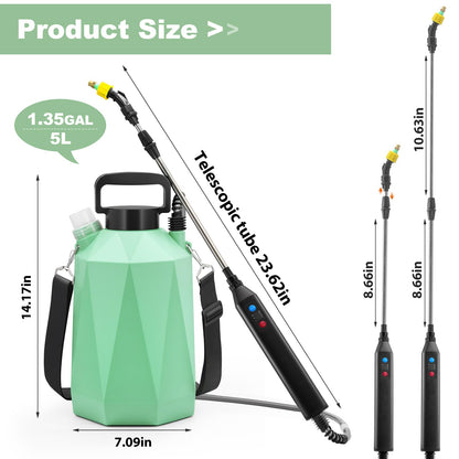 Battery Powered Sprayer 1.35Gallon/5L, 2025 Upgraded Electric Sprayer in Lawn and Garden with 3 Adjustable Force, Battery Indicator, Rechargeable Handle, Telescopic Wand,3 Mist Nozzles,Shoulder Strap