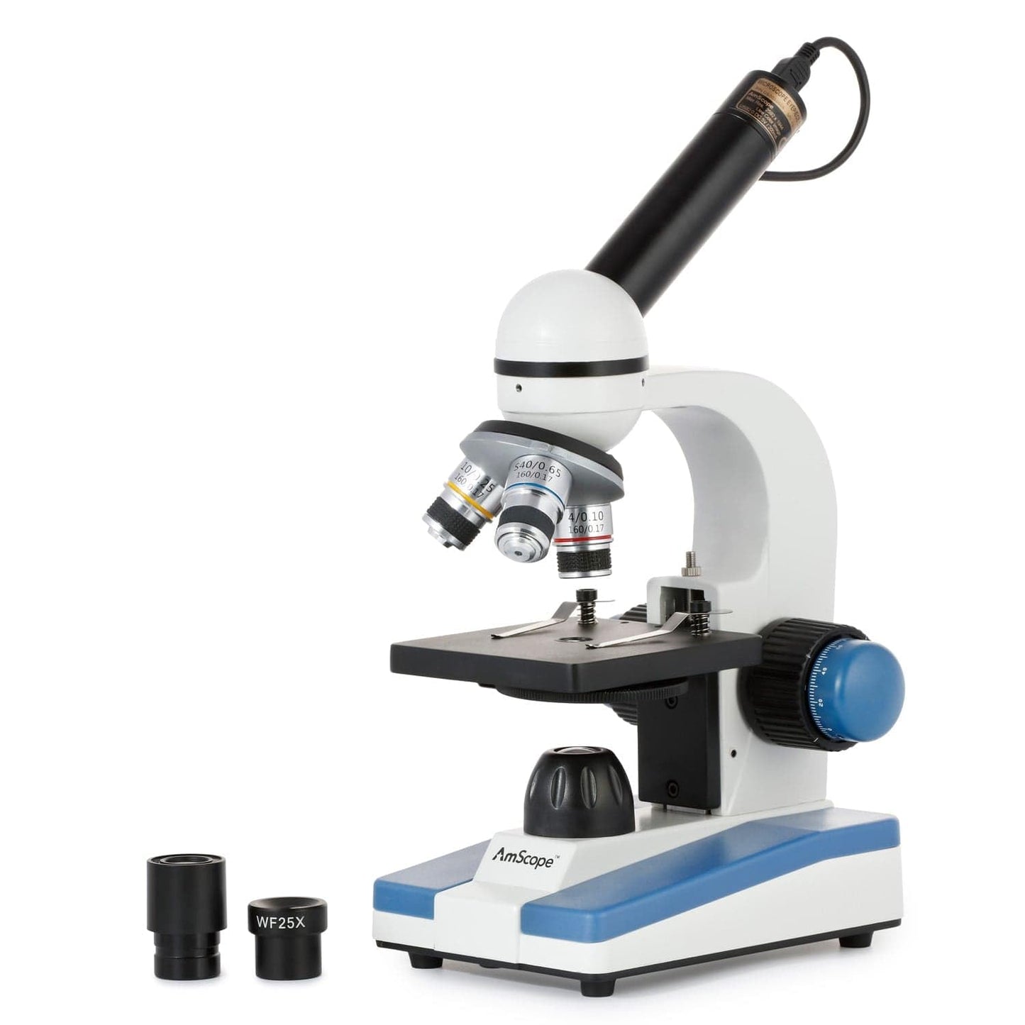 AmScope M150 Series Portable LED Monocular Student Compound Microscope - 40X-1000X Magnification - Microscope Kit Includes Dust Cover, 2 Clips & 2 Eyepieces