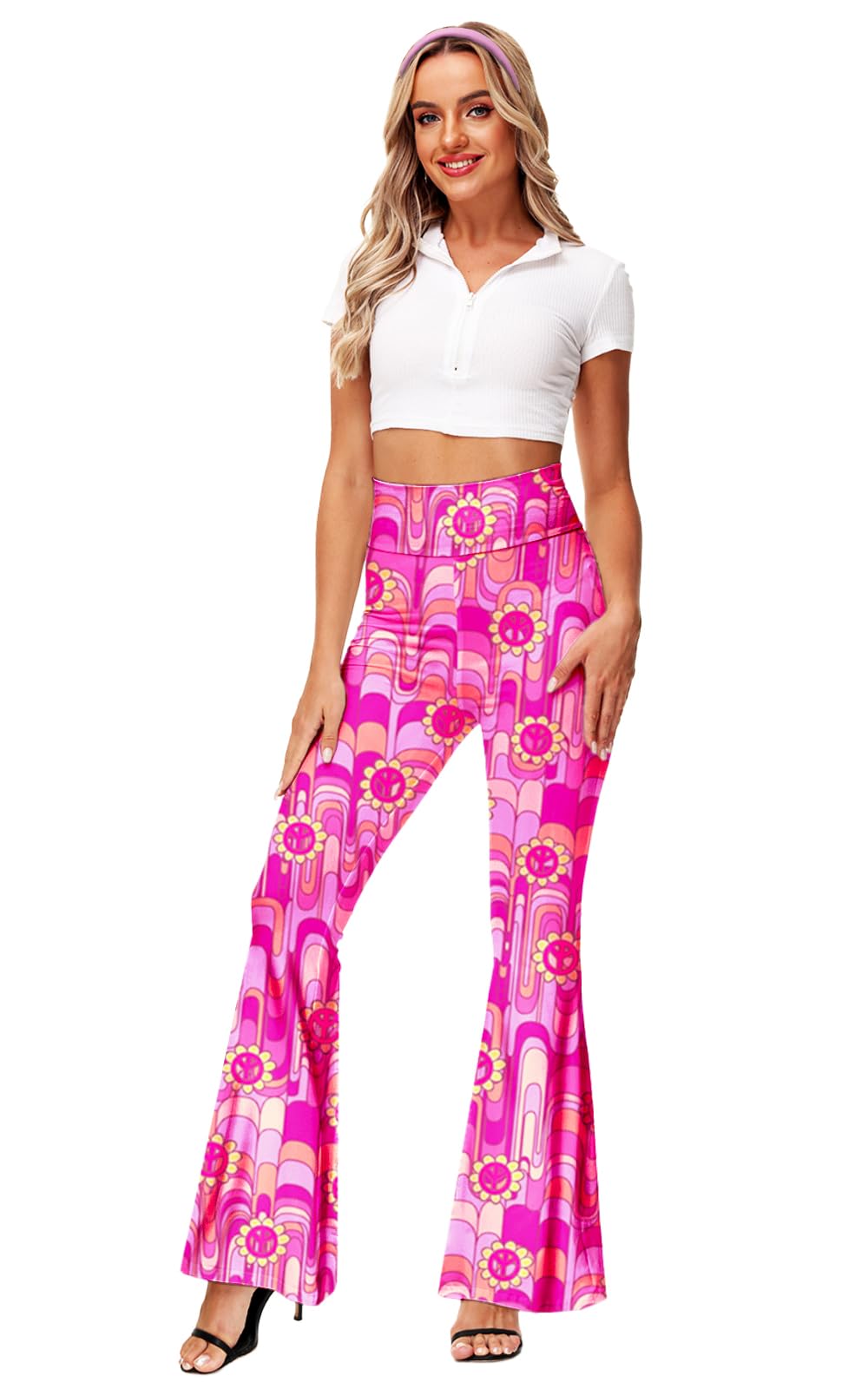 Women Hippie Bell Bottom Halloween Flare Floral Yoga Pants 60s Disco Retro Costume Trousers 2XL Pink