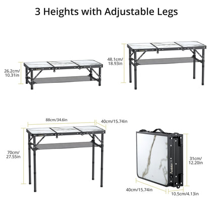 Anbte Folding Camping Table, Aluminum Small Folding Table 3 Adjustable Height Max 27.5", Portable Table with Carry Handle, Lightweight, for Outdoor Indoor Travel Camping Picnic BBQ, 34.6" x 15.7"