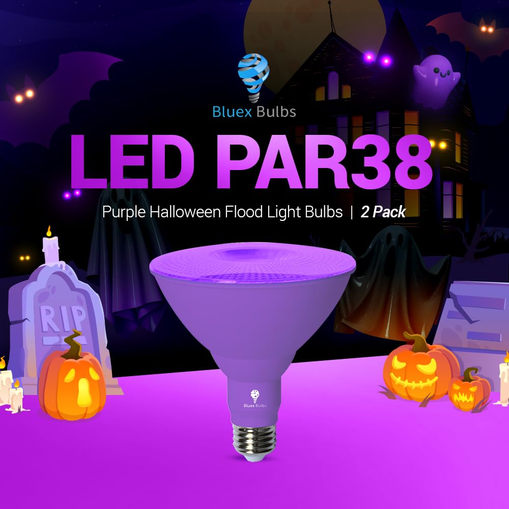 Bluex Bulbs 2 Pack LED Par38 Flood Purple Light Bulb - 18W (120Watt Equivalent) - Dimmable - E26 Base LED Lights, Party Decoration, Porch, Home Lighting, Holiday Halloween Purple Flood Lights Bulb.