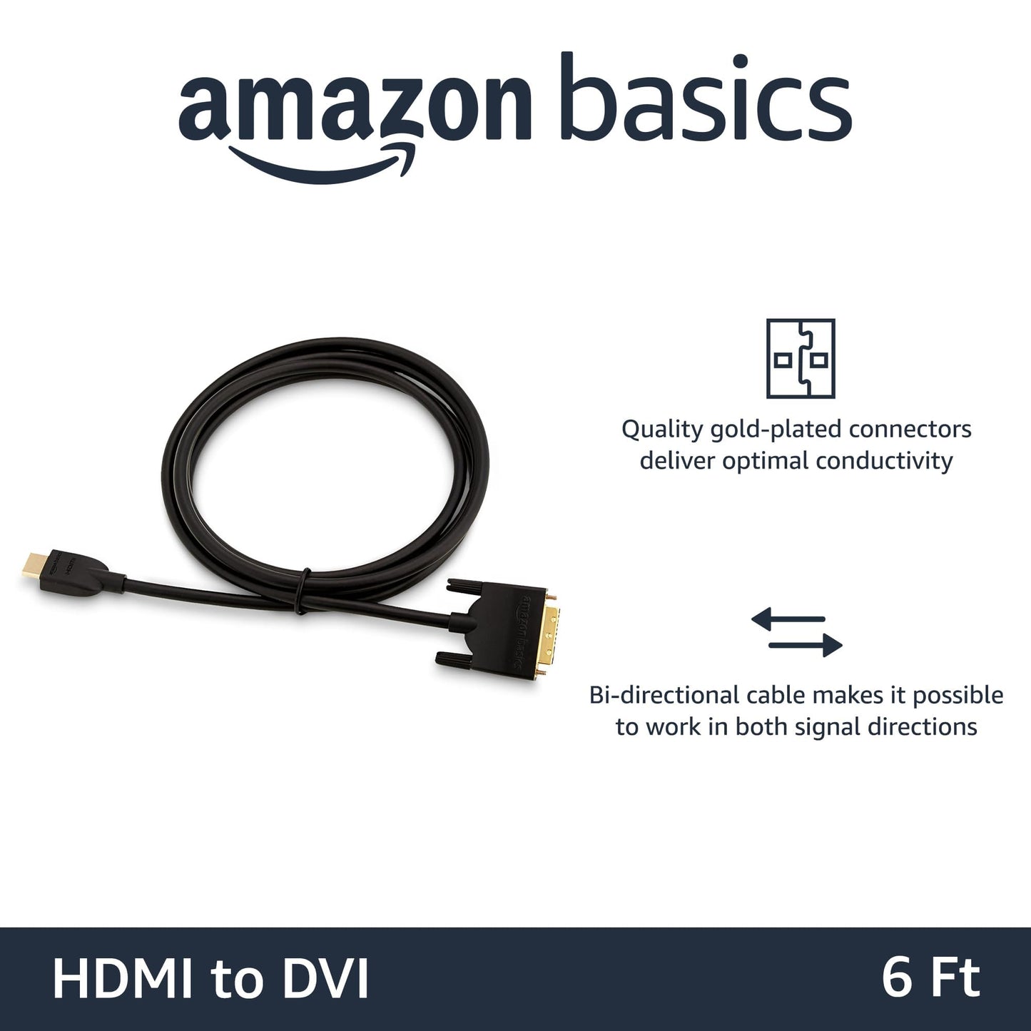 Amazon Basics HDMI to DVI (Male) Adapter Cable, Bi-Directional 1080P, 6 ft/1.8 m, Gold-Plated, Easy to Install, Single Pack for Television, Black