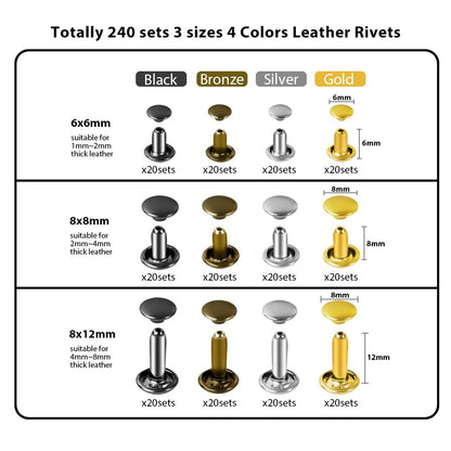 Belt Hole Puncher with 240 Sets of Leather Rivets - Updated Hole Sizes Puncher for Belt, Watch Band, Strap, Dog Collar, Saddle, Shoes, Fabric, DIY Home or Craft Project