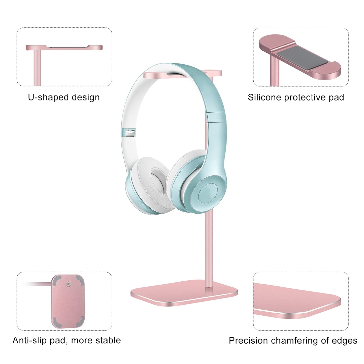 Headphone Stand Aluminum, Headset Holder with Solid Metal Base for Desk, Compatible with Most Headphones (Rose Gold)