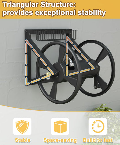 Artigarden Triangle Wall Mounted Garden Hose Reel, Outdoor Heavy-Duty Water Hoses Holder Winder, Holds 125 Ft of 5/8-Inch Hose, with 3.9 ft Leader Hose, Brass Fitting, Storage Basket for Yard, Black
