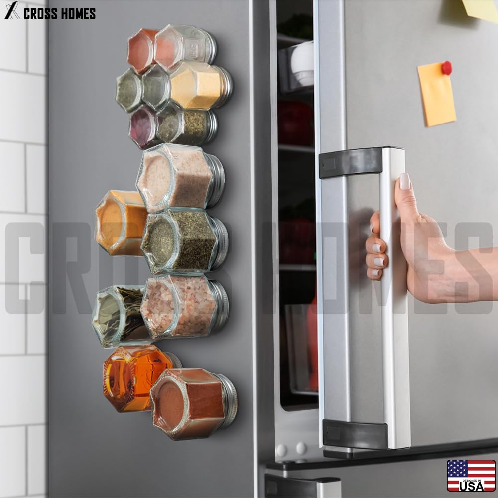 20 Set Magnetic Spice Jars Large 4 oz Refrigerator Hexagon Glass Spice Jars Magnetic Lids Shaker Spice Labels Magnet Glass Spice Containers for RV Travel Trailer Kitchen Fridge Cabinet Wall mount