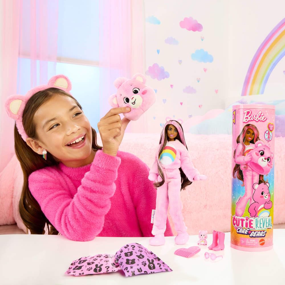 Barbie Cutie Reveal Doll & Accessories, Care Bears Series, Fashion Doll with Cheer Bear Costume & 10 Surprises Including Color Change & Mini Bear