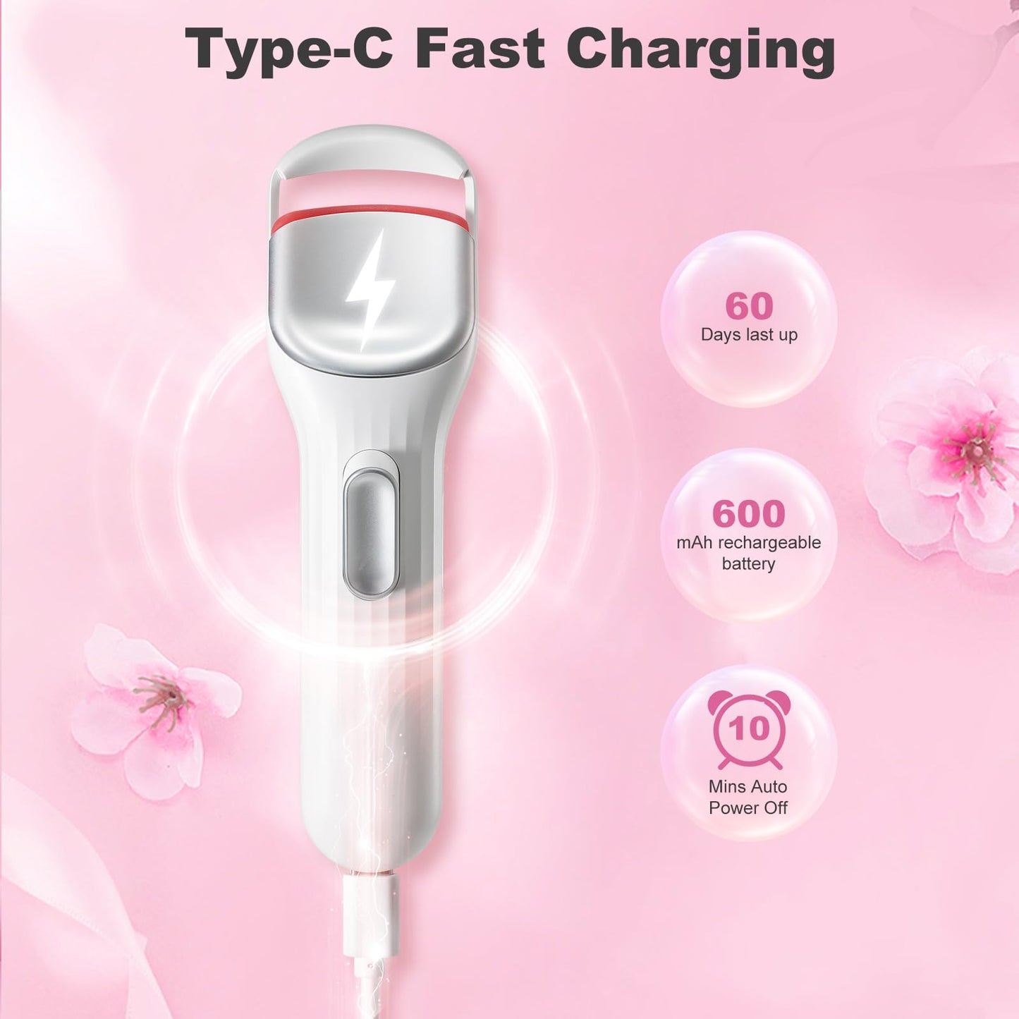 HEBECA Heated Eyelash Curler Professional - Eye Lashes Curler with Innovative Heating Silicone, Electric Eyelashes Curler with 600mAh Rechargeable Battery EC4001 (White)