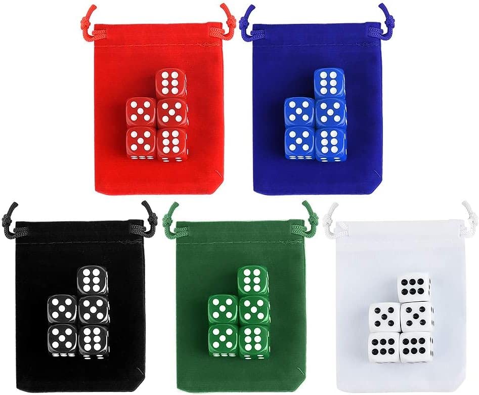 25 Pieces Dice Set 6 Sided 5 Colours Spot Dice with Bags for Tenzi, Farkle, Yahtzee, Bunco or Teaching Math Dice Games