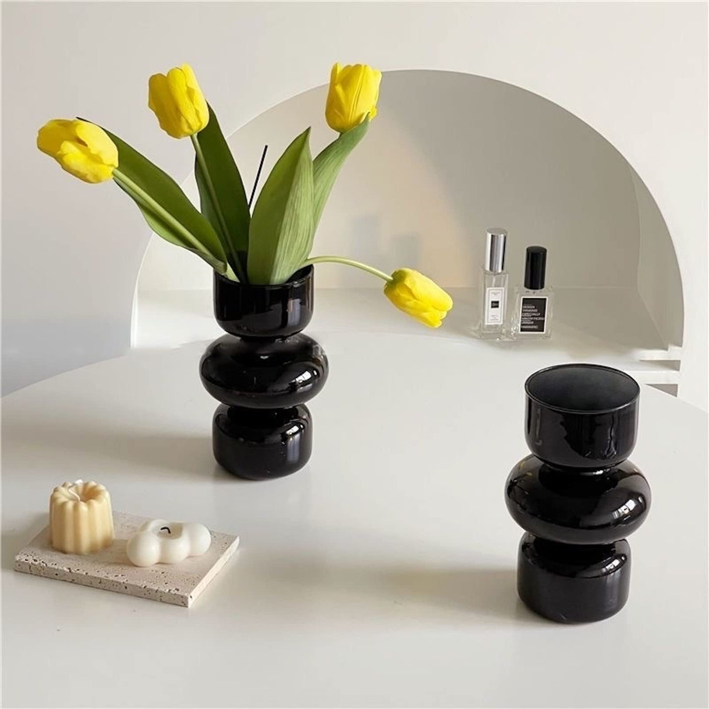 BLOFLO Black Glass Hydroponic Vase, 7Inches Glass Vase for Flower, Modern Geometric Three-Layer Floral Vases for Home Office, Wedding Table Decoration(Black)