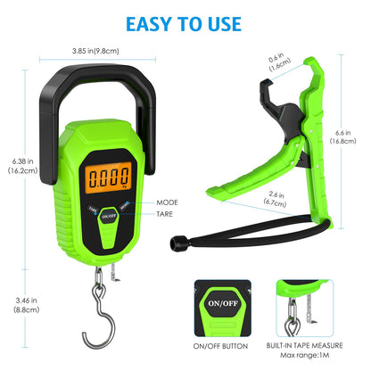 AMIR Digital Fishing Scale, 110lb/50kg Portable Luggage Scale, Electronic Fishing Scale with Lip Gripper, Digital Weight Scale with 38'' Tape Measure, Batteries Included