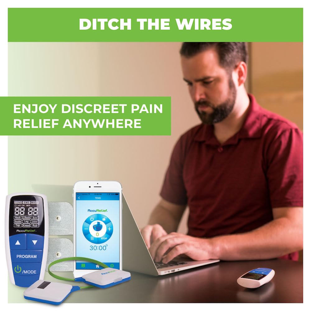 AccuRelief Wireless Tens Unit and EMS Muscle Stimulator - Includes Pulse Massager - Pain Relief Device with Remote and Mobile App, TENS Machine, TENS Device