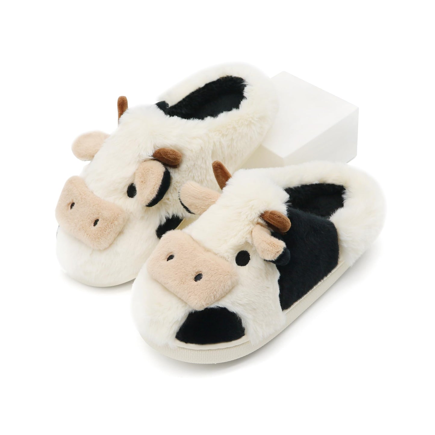 Boonble Fuzzy Cow Slippers for Women Men Adults, Fluffy Plush and Cozy House Shoes for Indoor Outdoor Bedroom, Warm Furry Cotton Slipper Open Heel for Winter Spring Fall 5.5-6.5