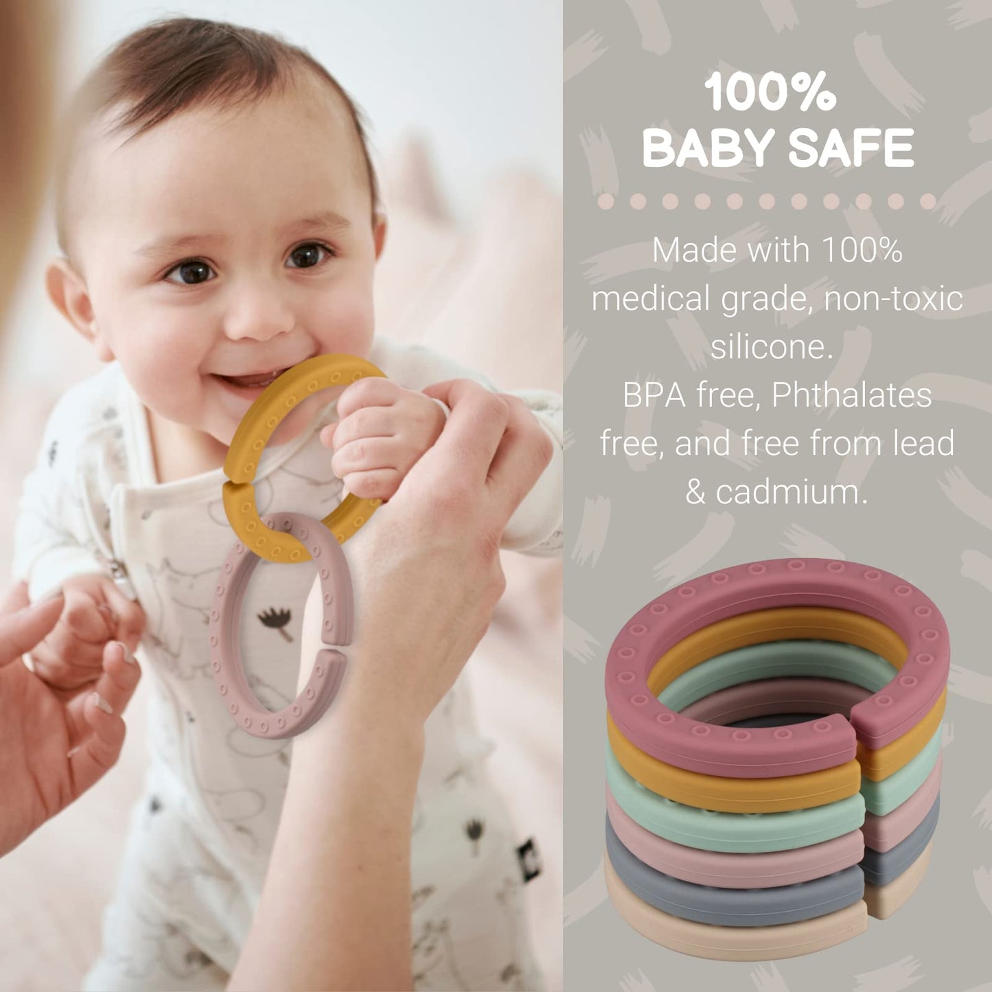 Baby Linkable Rings Set and Silicone Baby Teethers - Attach to Strollers, Car Seats & More - Food Grade Silicone, BPA & Phthalate Free (Set of 6)