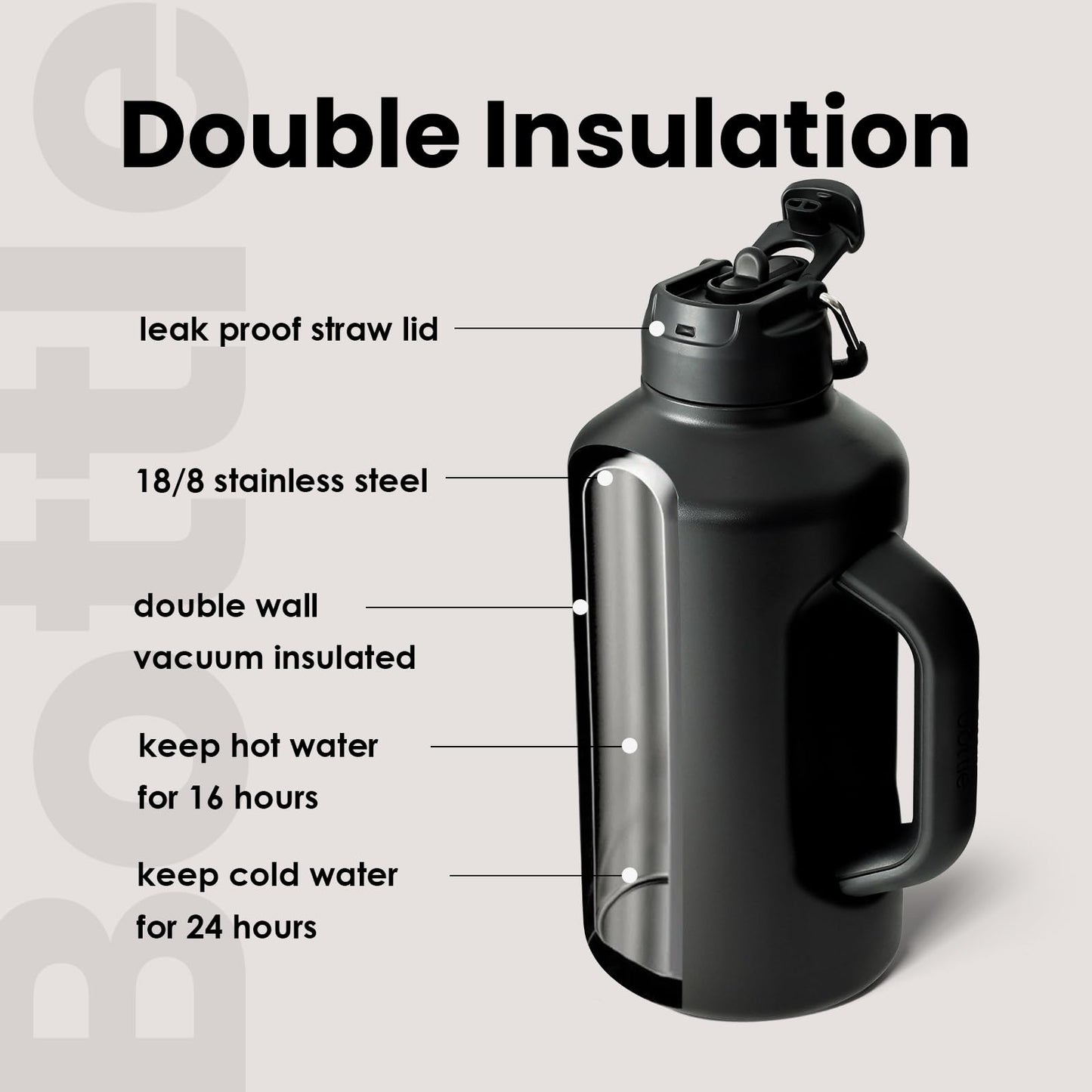 BOTTLE BOTTLE Insulated Water Bottle 64 oz with Straw and Dual-use Lid Half Gallon Jug for Men with Handle Vacuum Stainless Steel water bottle for Workout and Sports black