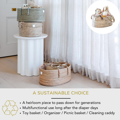 BEBE BASK Premium Baby Diaper Caddy Organizer - Handmade - Seagrass Basket With Cotton Divider - Award-Winning & Luxury Diaper Caddy Basket - White (NATURAL)