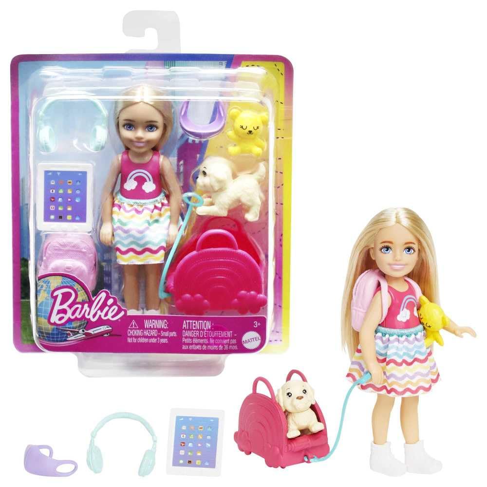 Barbie Chelsea Doll & 6 Accessories, Travel Set with Puppy, Pet Carrier & Backpack that Opens & Closes, Blonde Small Doll