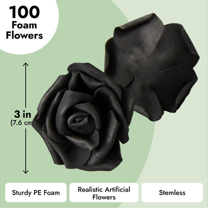 Bright Creations 100-Pack Black Artificial Flowers, Fake Foam Flowers for Halloween Decorations, DIY Crafts, Bouquets, and Black-Themed Parties (3 Inches)