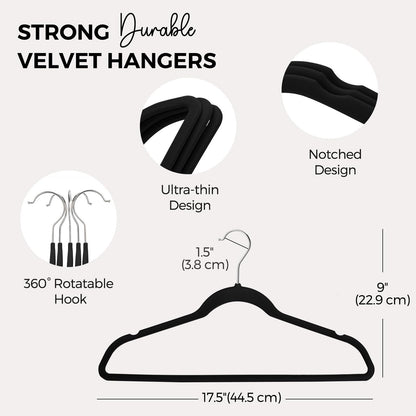 HOUSE DAY Premium Velvet Hangers 50 Pack Black, Non-Slip Flocked Felt Hangers, Sturdy Clothes Hangers with 360° Rotatable Hook, Heavy Duty Coat Hanger, Durable Slim Hanger for Closet Space Saving