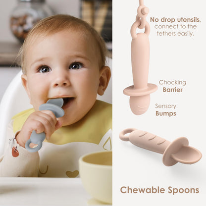 Andy Bear Silicone Plates for Babies with Suction Divided Baby Spoons Silicone Baby Toy Straps All-in-one Plates Silicone Placemat for Babies Toddlers Attachable Tethers & Built-in Suction Cups-Sage