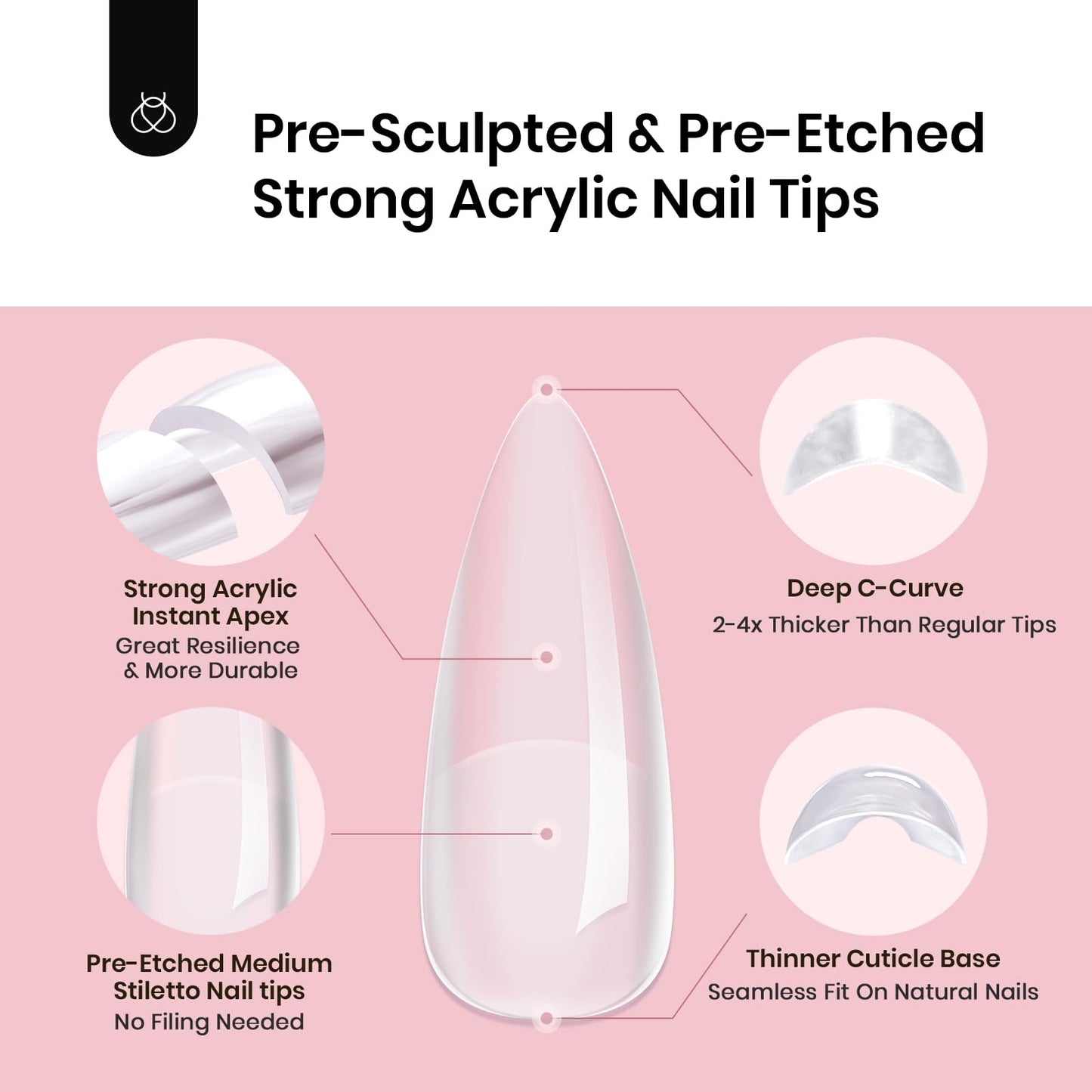 Beetles Tipex Instant Apex Nail Tips Halloween Nails, Stiletto Medium, 192pcs 16 Sizes, Pre-Building Pre-Etched Strong Thicker Strong Acrylic Tips