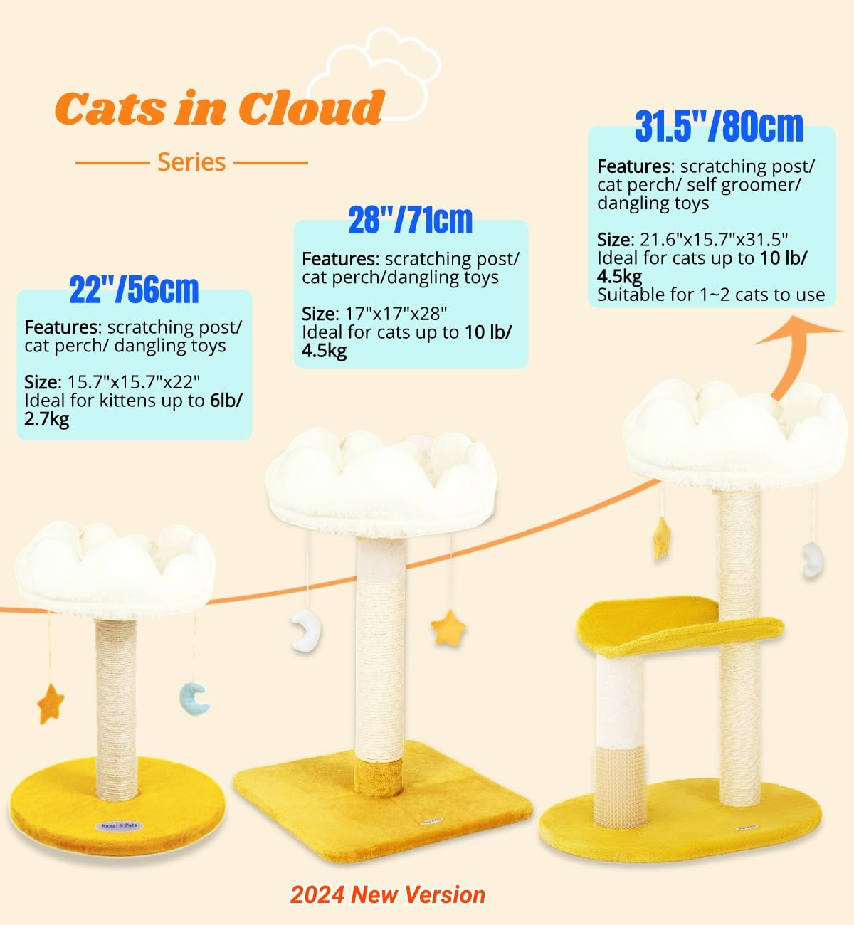 Happi N Pets Cloud Cat Tree, 31.5in Multi-Level Indoor Cat Tower with Scratching Posts, Viewing Perch, Removable & Washable Cushions, Cat Activity Tree with Dangling Toy