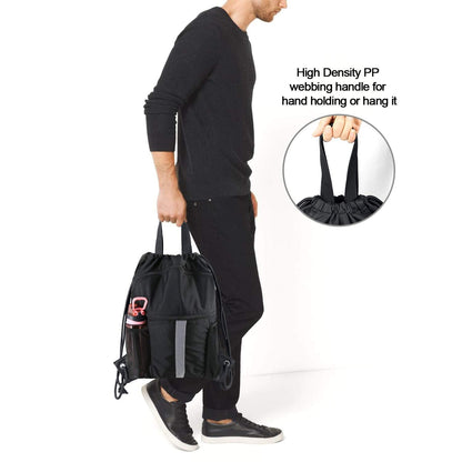 BeeGreen Drawstring Backpack Bag with Shoe Compartment, X-Large Black Gym Sports String Cinch Backpack, Athletic Sackpack with Front Inside Zipper Pockets
