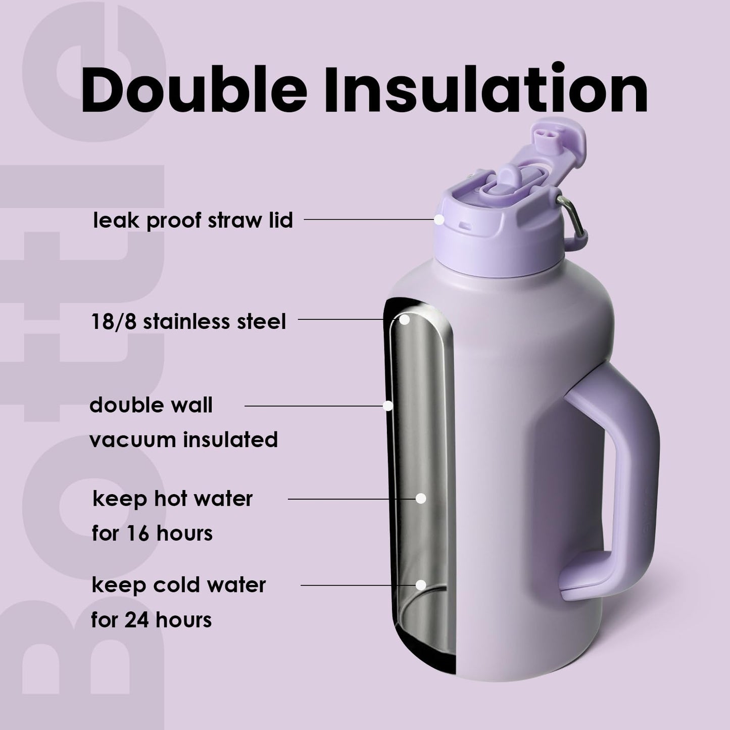 BOTTLE BOTTLE Insulated Water Bottle 64 oz with Straw and Dual-use Lid Stainless Steel Water Bottle with Handle Stainless Steel Jug for Workout Gym Soccer and More Sports purple