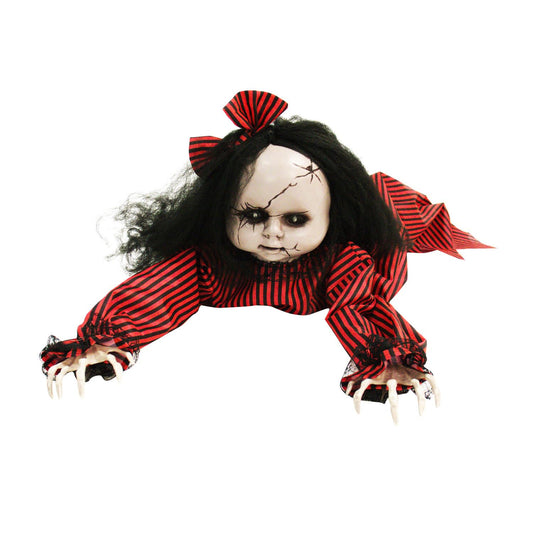Haunted Hill Farm Scary Haunted Crawling Baby Doll, Halloween Animatronic with Touch Activated Lights and Sound, Battery Operated Indoor or Covered Outdoor Halloween Decorations, Creepy Fright Props