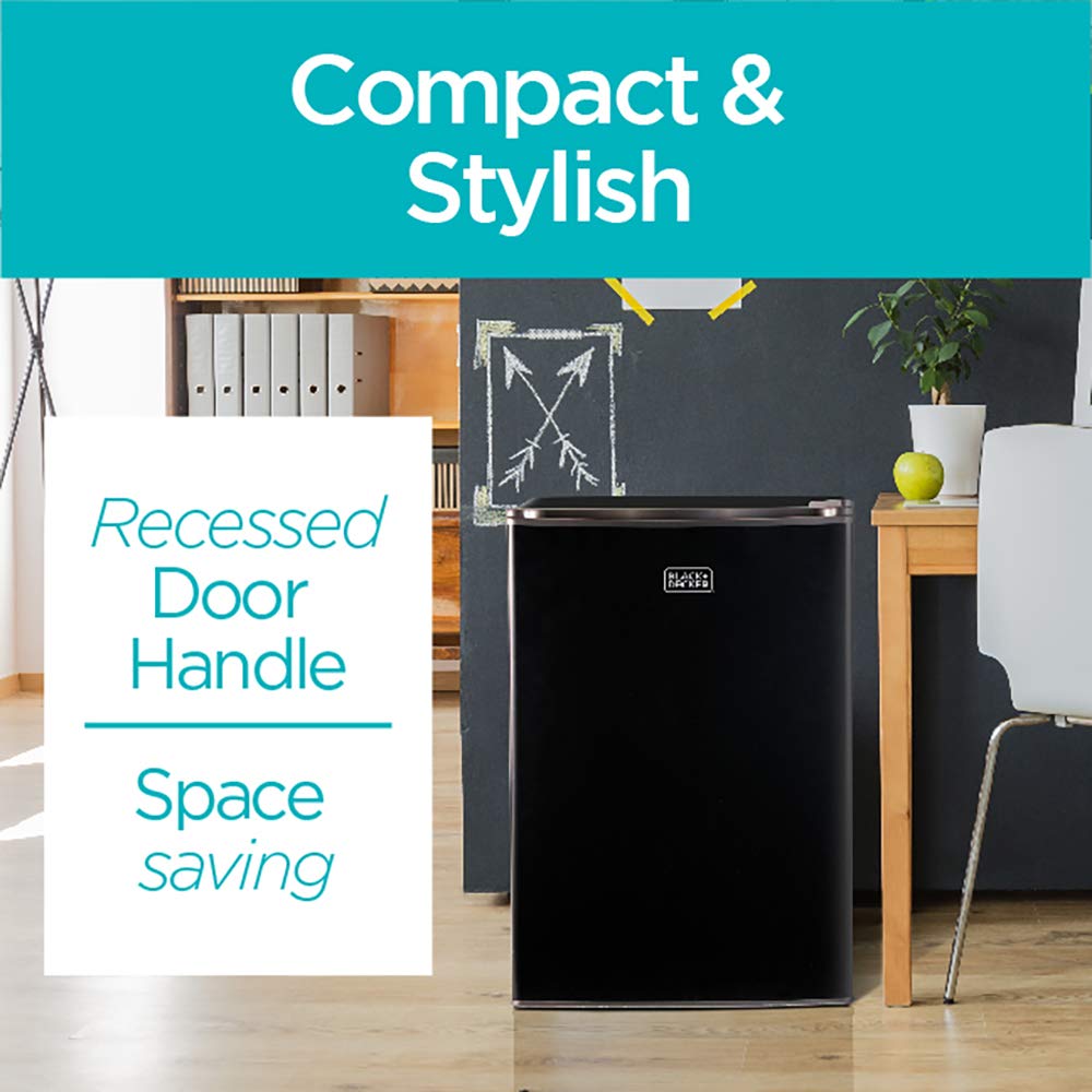 BLACK+DECKER 2.5 Cu. Ft. Compact Refrigerator, ENERGY STAR Certified, Single Door Mini Fridge with Chiller Compartment, Personal Fridge for Home or Dorm Room, R600a Refrigerant, BCRK25B, Black