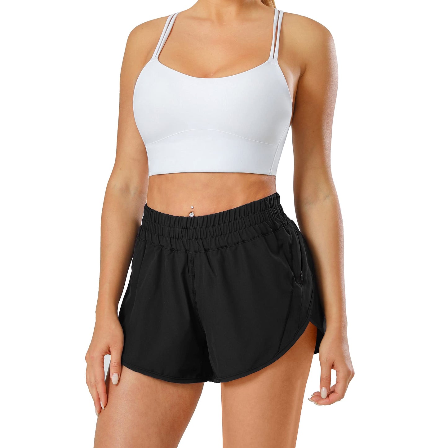 Aurefin Athletic Shorts for Women,Women's Quick Dry Workout Sports Active Running Track Shorts with Elastic and Zip PocketsBlack/Medium