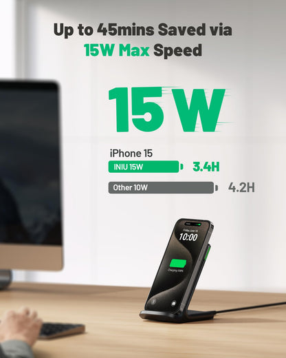 INIU Wireless Charger, 15W Fast Qi Certified Wireless Charging Station with Sleep-Friendly Adaptive Light Compatible with iPhone 16 15 14 13 Pro XS 8 Plus Samsung Galaxy S25 S24 S23 Note 20 Google etc