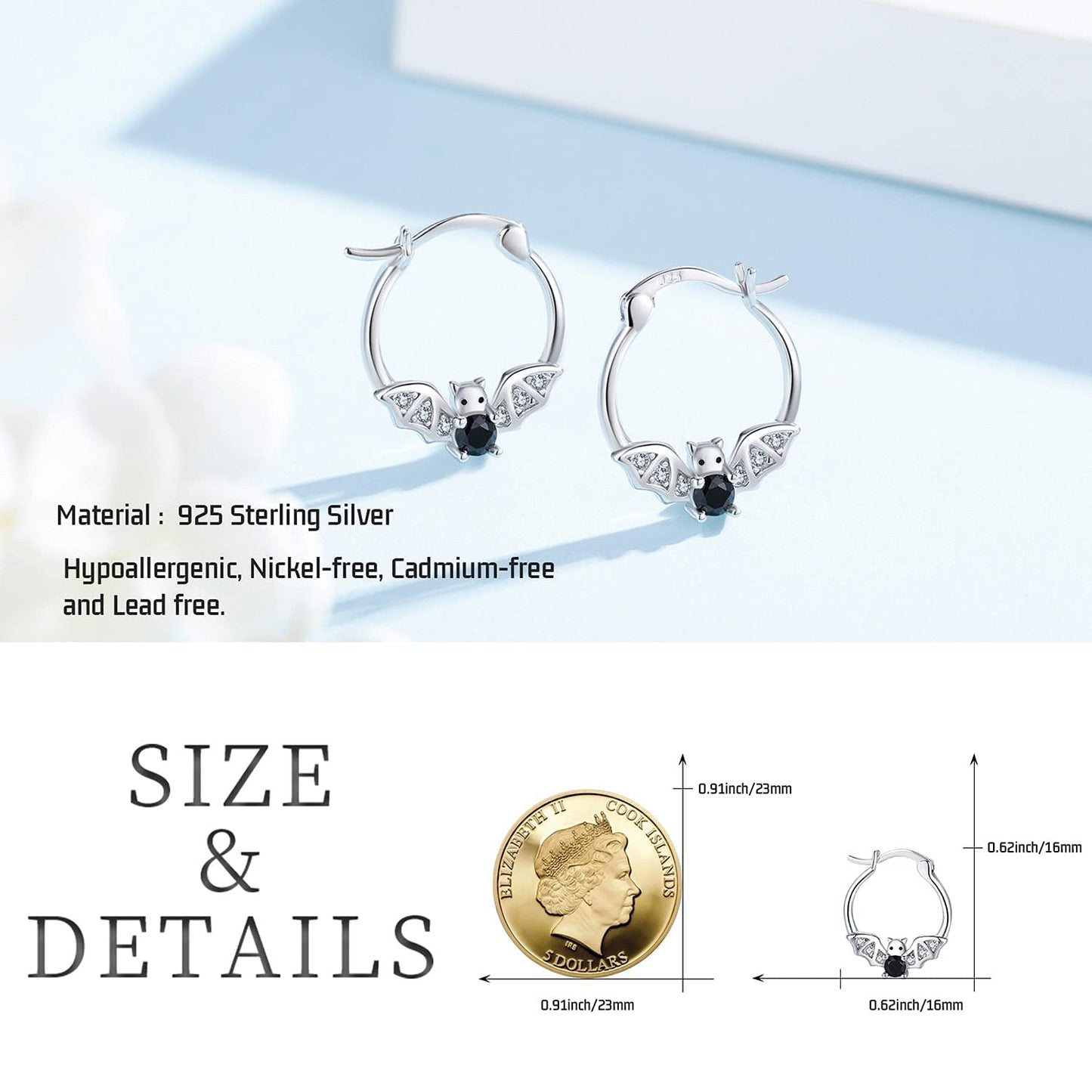 Bat Earrings 925 Sterling Silver Hypoallergenic Small Animal Huggie Hoop Earrings for Sensitive Ears Gothic Bat Jewelry Halloween Gifts for Women