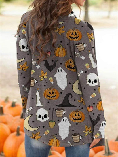BOUTIKOME Women's Halloween Cat Pumpkin Cardigan Long Sleeve Open Front Knit Outwear Coat Plus Size Knitting Sweater Top(Gray, XL)