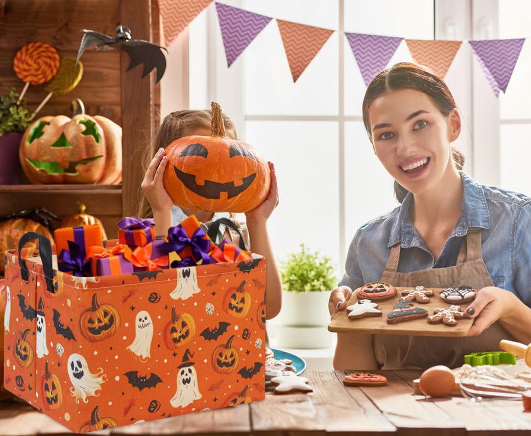 HIYAGON Halloween Basket Halloween Pumpkin Basket for Boys and Girls Trick or Treat Pumpkin Basket for Halloween Parties Cute Storage Bin Organizer Box Rectangular Room Decor(Halloween Pumpkin)