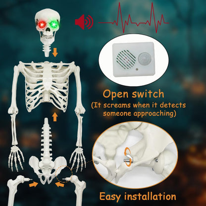 6Ft Halloween Skeleton, Posable Life Size Skeleton with Glowing Eyes Creepy Sound, Plastic Skeletons with Movable Joints for Graveyard Prop, Indoor Outdoor Haunted House Party Decor
