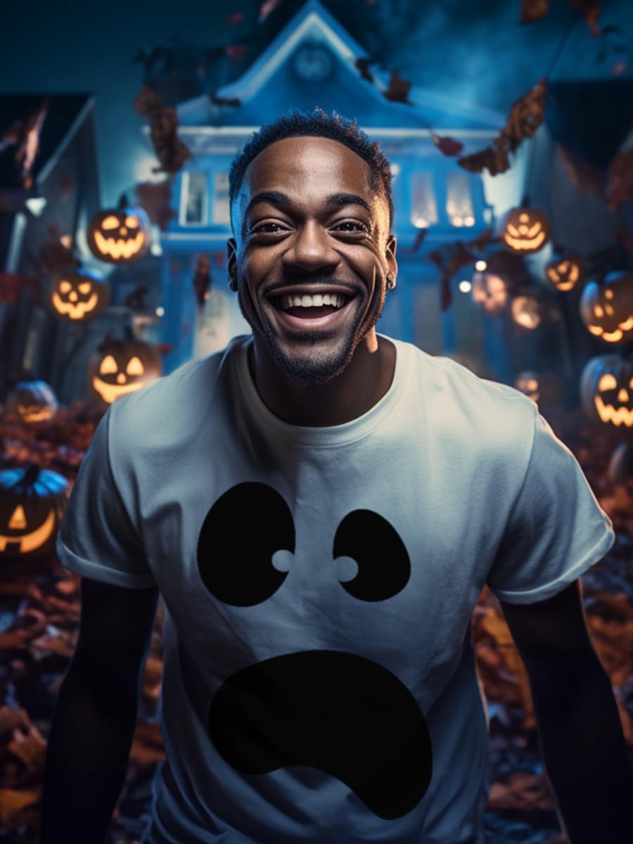 Ann Arbor T-shirt Co. Silly Ghost Face | Spooky Halloween Ghoul Face Easy Costume Unisex T-Shirt-Adult,XL White