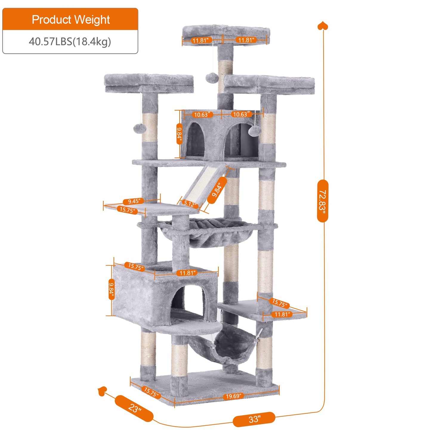 Heybly Cat Tree, 73 inches Tall Cat Tower for Large Cats 20 lbs Heavy Duty for Indoor Cats,Big Cat Furniture Condo for with Padded Plush Perch, Cozy Basket and Scratching Posts Light Gray HCT030W