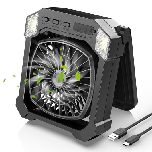 Camping Fan Solar Powered, Portable Solar Fan 10000mAh USB Rechargeable Battery Operated with Light, Quiet Outdoor Fans for Tent, RV, Emergency, Hiking, Power Outage, Desk, Greenhouse, Survival Kit