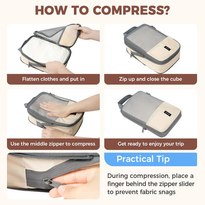 BAGAIL 6 Set Compression Packing Cubes for Travel, Compressible Packing Organizers Travel Accessories for Luggage Suitcase(6 Set, Beige)