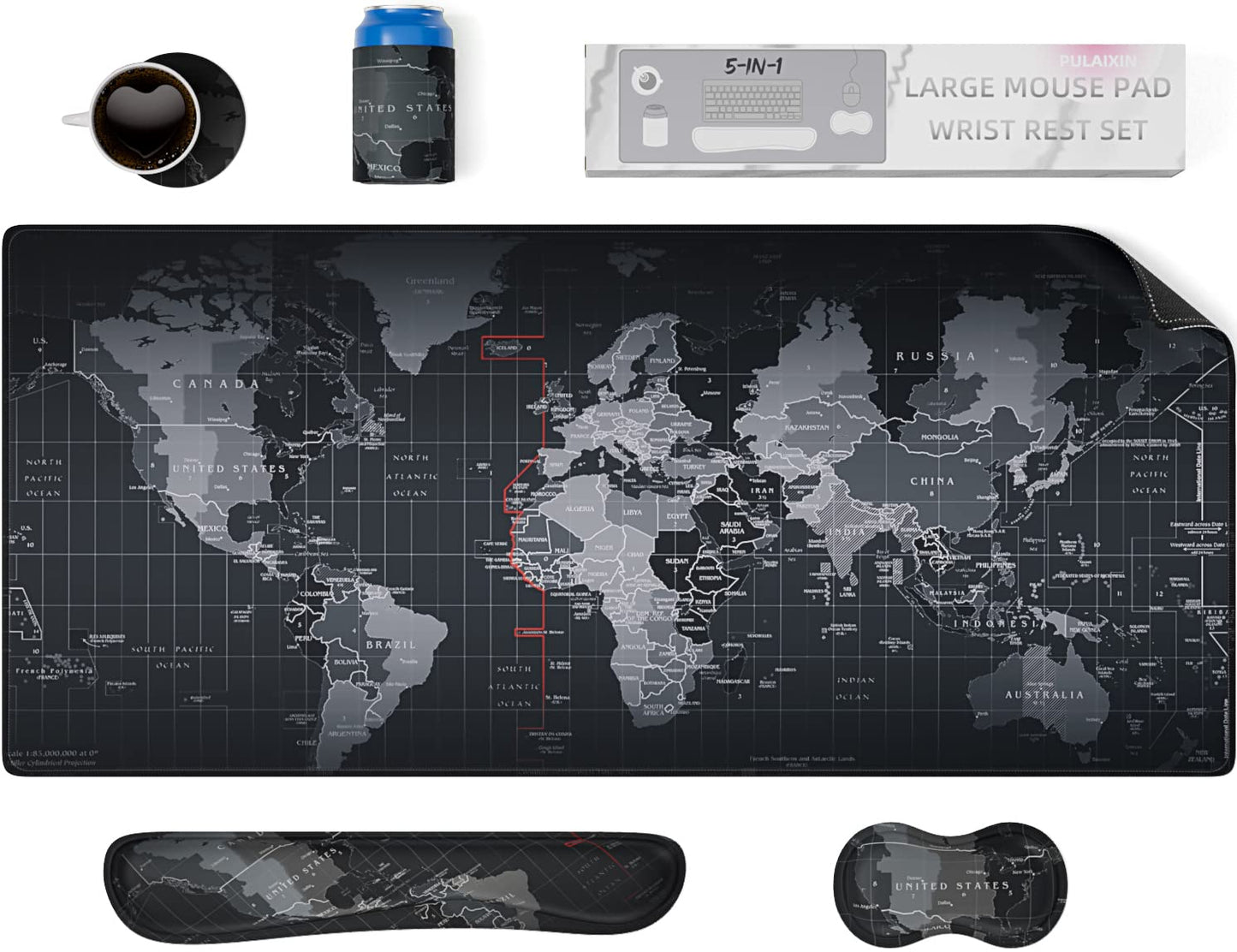 5 in 1 Keyboard Mouse Pad Set, Mouse Pad Wrist Support, Extended Gaming + Keyboard Wrist Rest Support, (34.5×15.7 in) Large Ergonomic Mousepad Desk Mat Combo -Black World Map (1-5 Sets-World Map)