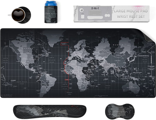 5 in 1 Keyboard Mouse Pad Set, Mouse Pad Wrist Support, Extended Gaming + Keyboard Wrist Rest Support, (34.5×15.7 in) Large Ergonomic Mousepad Desk Mat Combo -Black World Map (1-5 Sets-World Map)