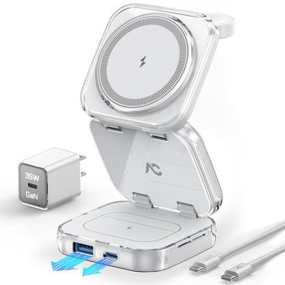 5-in-1 Wireless Charger for MagSafe, AC ISLAND Portable Travel Charging Station, 15W Max Fast Foldable Magnetic Stand, Evolved for iPhone 16/15/14/13 Series, Apple Watch, AirPods (with 35W Adapter)