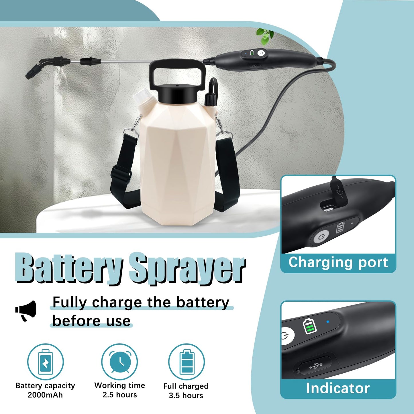 Battery Powered Garden Sprayer, 1 Gallon Electric Sprayer in Lawn with USB Rechargeable Handle, Retractable Wand, 3 Mist Nozzles, Yard Water Pump Sprayers with Adjustable Shoulder Strap for Gardening