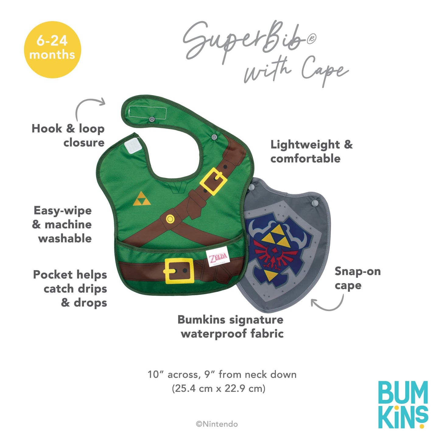 Bumkins Nintendo Bibs for Girl or Boy, SuperBib with Cape for Baby and Toddler 6-24 Months, Essential Must Have for Eating, Feeding, Baby Led Weaning Supplies, Mess Saving Catch Food, Legend of Zelda