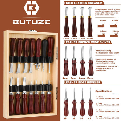 BUTUZE Leather Working Kit, Boxed Leather Tooling Kit, Leather Crafting Tool Kit, Cutting, Punching, Carving, Heavy Duty Leather Sewing Kit Professional Leather Working Tools and Supplies
